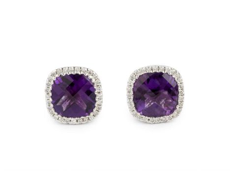 A pair of amethyst and diamond cluster earrings, each cushion-shaped amethyst bordered by round brilliant-cut diamonds, 18ct 