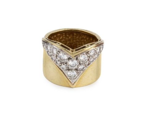 A diamond set band ring, the slightly tapered band applied with a wishbone-shaped panel of graduated round brilliant-cut diam