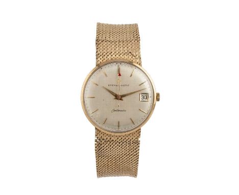A 9ct gold 'Centenaire' bracelet watch by Eterna-matic, the circular silvered dial with gilt baton markers, date display and 