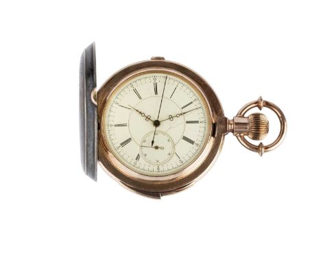 A bi-colour hunter chronograph pocket watch, the white enamel dial with Roman numerals, subsidiary dial and centre seconds ha