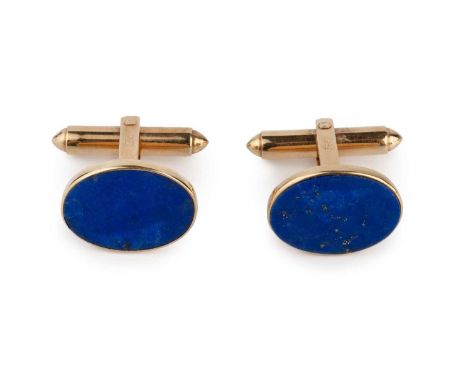 A pair of hardstone cufflinks, with oval lapis lazuli panels and hinged baton fittings, yellow precious metal mounted, stampe