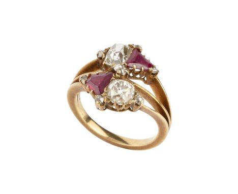 A diamond and gem set dress ring, of trifurcated design, set with pairs of cushion-shaped old-cut diamonds and triangular mix