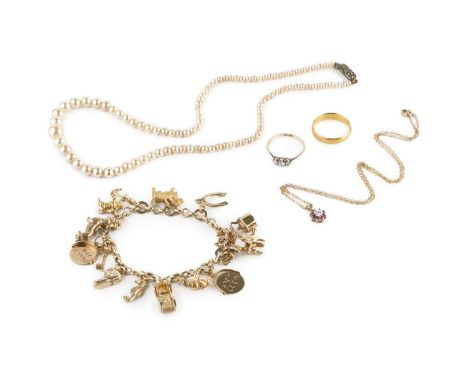 A collection of jewellery, comprising a charm bracelet, the 9ct gold fancy-link bracelet suspending a collection of 9ct gold 