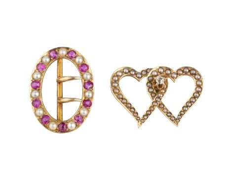 Two half pearl brooches, the first designed as an oval buckle of alternating cushion-shaped rubies and half pearls, indistinc