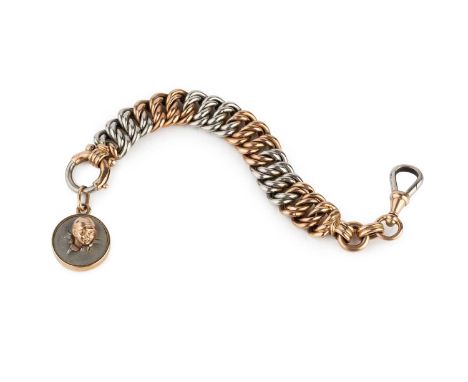 A two colour precious metal chain fob, of fancy curb-link design, with possible Vienna assay office marks, suspending a glaze