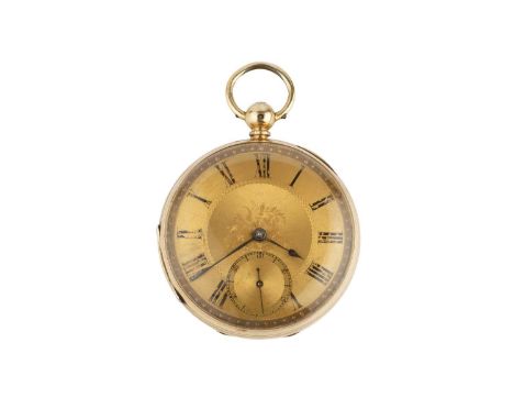 A Victorian 18ct gold open face pocket watch, the floral and foliate engraved gilt dial with Roman numerals and subsidiary se