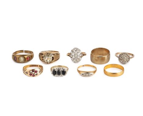 A collection of rings, comprising a red stone and diamond set dress ring, 15ct gold mounted, (three stones deficient), a sapp