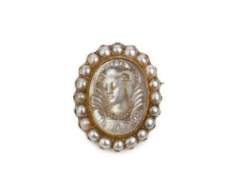 A moonstone and half pearl cameo pendant/brooch, the oval moonstone cameo carved to depict the portrait profile of an Elizabe
