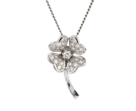 A diamond pendant on chain, designed as a four leaf clover, the leaves pavé set with graduated single-cut diamonds, enclosing