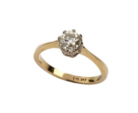 A diamond single stone ring, the old-cut diamond in eight claw setting, two colour precious metal mounted, stamped '18CT', di