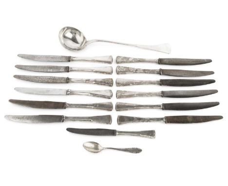A Romanian silver soup ladle, with shaped handle, 31cm long, together with a teaspoon stamped 800, 7oz overall, and a set of 