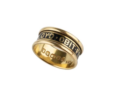 A 19th century enamel memorial band ring, with central black enamel inscription dated 1867, 18ct gold mounted, hallmarked for