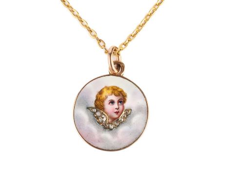 A late 19th/early 20th century enamel and diamond pendant, decorated with the profile of a cherub amongst clouds in shades of