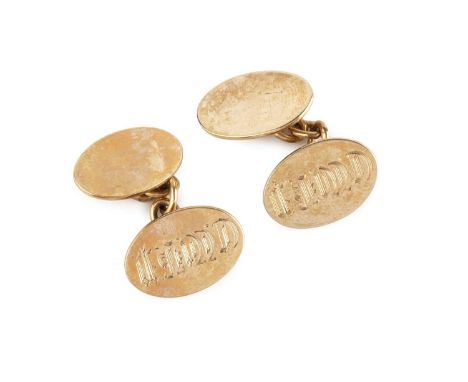 A pair of cufflinks, with oval panels and chain-link fittings, initialled, stamped '9CT', panel length 1.85cmGeneral surface 