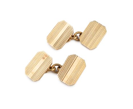 A pair of 9ct gold cufflinks, with octagonal engine-turned panels and chain-link fittings, hallmarked for London 1947, panel 