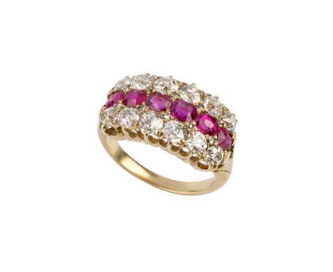 A ruby and diamond half hoop ring, centred with a line of cushion-shaped rubies, between two rows of old-cut diamonds, spaced