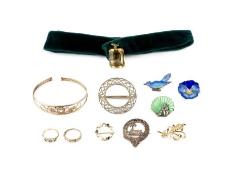 A collection of jewellery, comprising a black opal doublet and diamond set bracelet, 14ct gold mounted, (one synthetic opal l