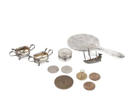 A Chinese export white metal model of a junk, 7cm long, a pair of silver twin handled salts, Birmingham 1914, cased, a small 