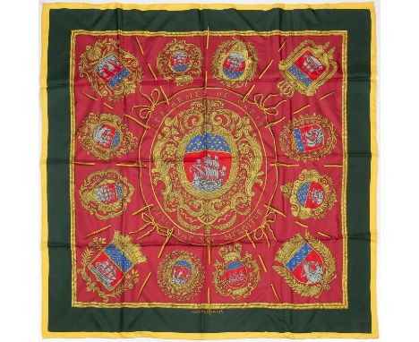 A 'Les Armes De Paris' silk scarf by Hermès, designed by Hugo Grygkar, accompanied by maker's box, 90cm square, a 'Les Voitur