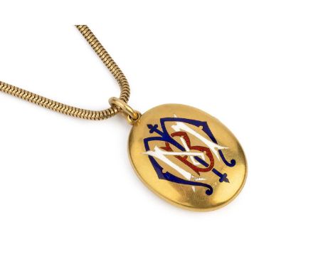A Victorian enamel locket pendant, the oval locket with blue, red and white enamel monogram and interior glazed compartment, 