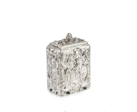 An early George III silver tea caddy, of rectangular form, decorated in deep relief in the Chinoiserie style with panels of C