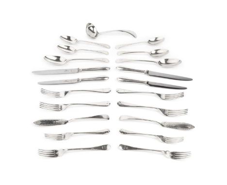 A matched service of silver old English pattern flatware, comprising 4 table spoons, 10 table forks, 10 dessert spoons, 10 de
