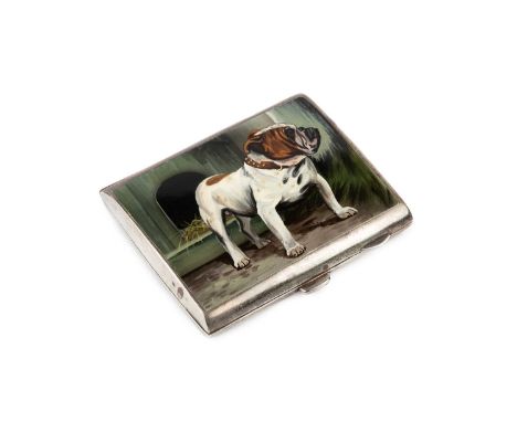 A silver cigarette case, the cover with later inset enamel plaque painted with a bulldog by a kennel, by E. J. Trevitt &amp; 