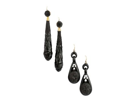 A collection of antique and later jewellery, comprising two pairs of Victorian carved jet ear pendants, a 19th century coral 