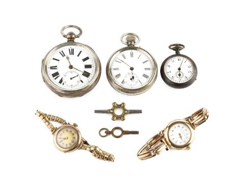 A collection of watches, comprising a bracelet watch, the circular white enamel dial with stylised red and black Arabic numer