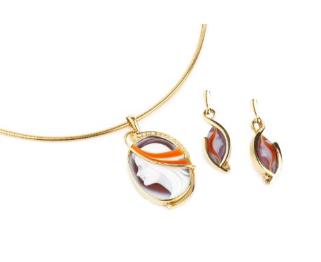 A cameo and diamond pendant and ear pendants by Catherine Best, each designed as an agate cameo, carved to depict a female po