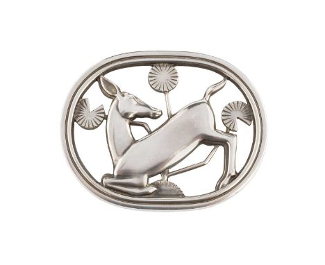 A silver 'Kneeling Fawn' brooch designed by Arno Malinowski for Georg Jensen, the oval openwork panel depicting a kneeling fa