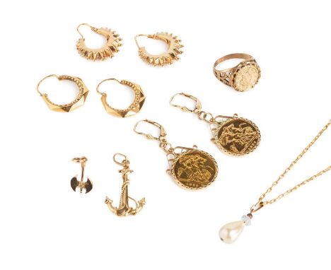 A collection of jewellery, comprising a pair of half sovereign ear pendants, 9ct gold mounted, a 9ct gold dress ring, a pair 