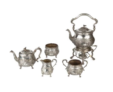 A matched silver five piece tea service, comprising tea kettle on stand with burner, and matching sucrier by D & J Wellby Ltd