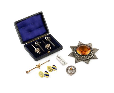A collection of jewellery, to include a pair of silver and enamel cufflinks, monogrammed, a late Victorian silver and orange 