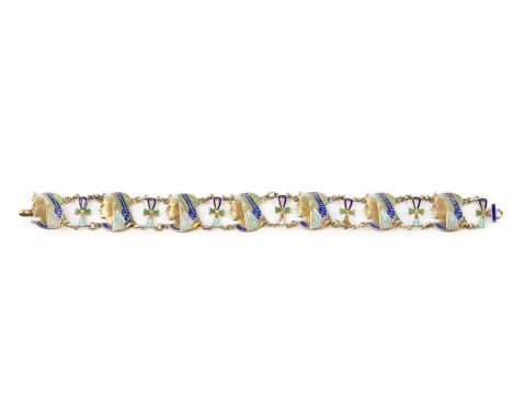 An enamel panel bracelet, designed as a series of green and blue enamel panels, each modelled as an Egyptian pharaoh in portr