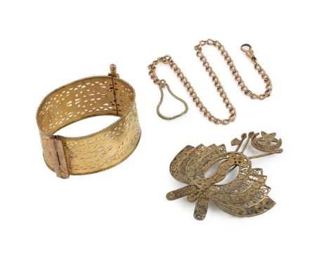 A collection of jewellery, comprising a 9ct gold curb-link Albert chain, with later gilt metal fitting, a gilt bangle, of hin