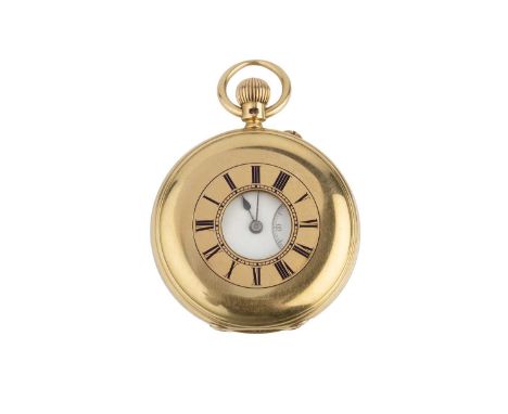 A late Victorian 18ct gold half hunter pocket watch, the white enamel dial with Roman numerals and subsidiary seconds dial, t