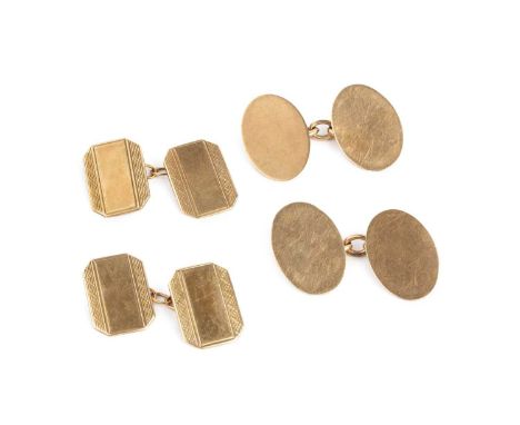 Two pairs of 9ct gold cufflinks, the first with octagonal engine-turned panels, the second with oval polished panels, each wi