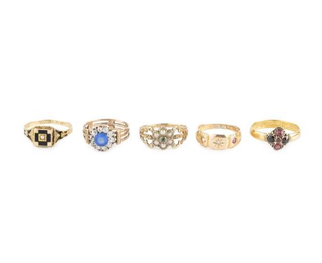 A collection of antique and later dress rings, comprising a green stone and half pearl cluster ring, with pierced and engrave