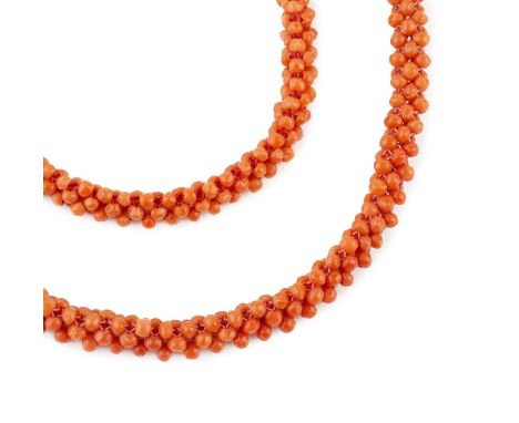 A collection of jewellery, comprising a coral corallium rubrum bead necklace and bracelet suite, a moonstone line bracelet an