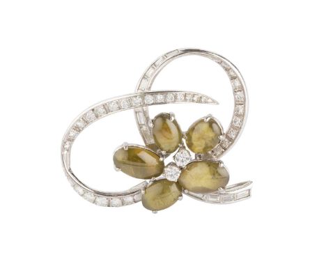 A diamond and gem set spray brooch, modelled as a cluster of oval chatoyant cabochons centred with two round brilliant-cut di