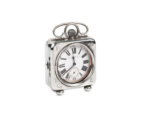 An Edwardian silver watch case, with hinged top handle and bun feet by Wilsdorf &amp; Davis, Birmingham 1905, 9cm high, conta