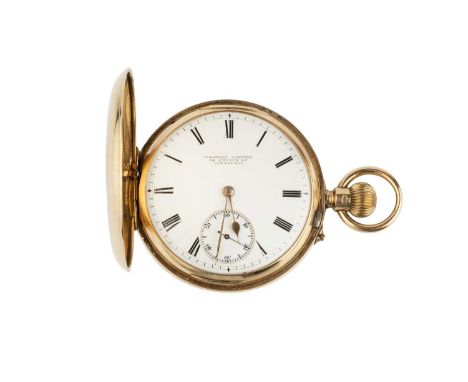An early 20th century 18ct gold hunter pocket watch, the white enamel dial with Roman numerals and subsidiary seconds dial, t