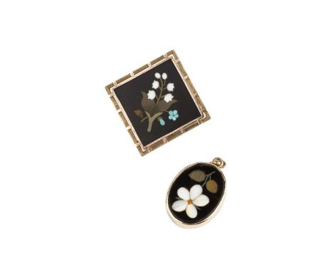 Two pietra dura panel brooches, each depicting a floral spray, together with a pietra dura pendant, of similar design, a shel