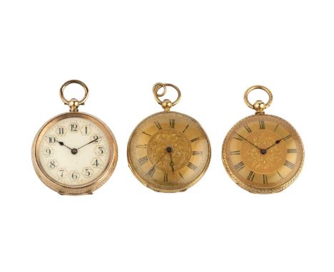An open face fob watch, the floral engraved gilt dial with Roman numerals, to a keywind movement, the profusely engraved case
