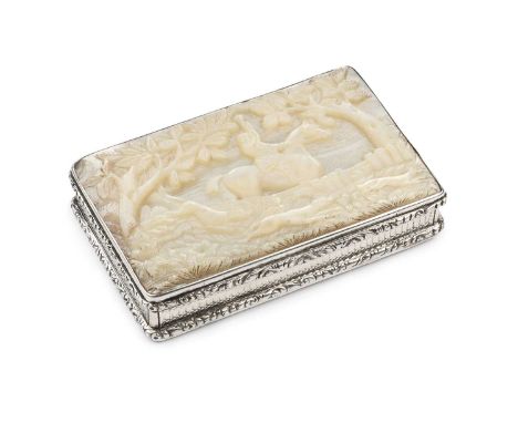 A George IV silver and mother o'pearl rectangular snuff box, the hinged mother o'pearl inset cover carved in relief with a hu