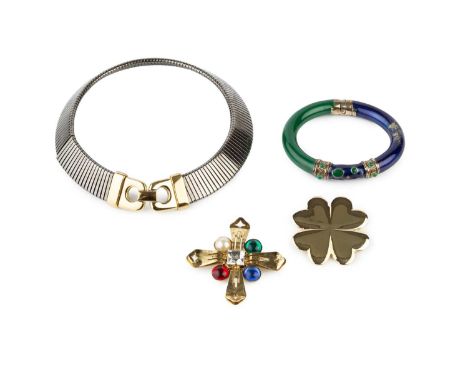 A large collection of costume jewellery, to include two brooches signed Moschino, a gaspipe-link collar necklace signed Given