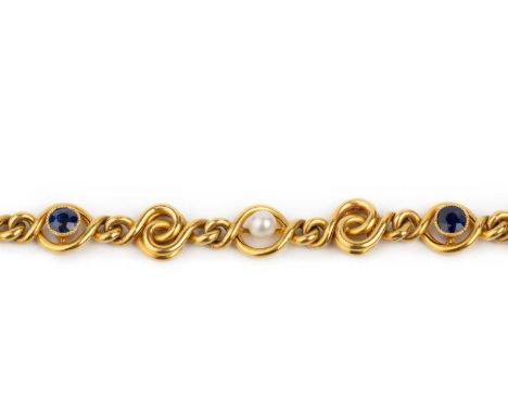 A French sapphire and pearl bracelet, of hollow fancy-link design, spaced with alternating circular mixed-cut sapphires and p