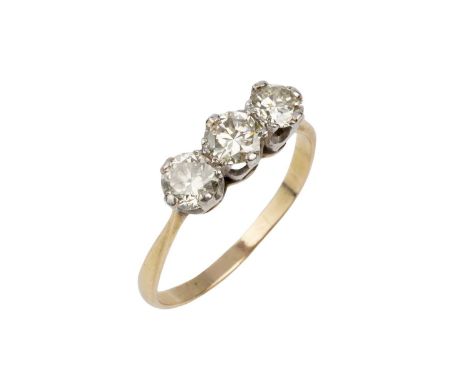 A diamond three stone ring, the slightly graduated round brilliant-cut diamonds in claw settings, two colour precious metal m