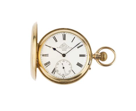 A late Victorian 18ct gold hunter pocket watch, the white enamel dial with Roman numerals and subsidiary seconds dial, to a k